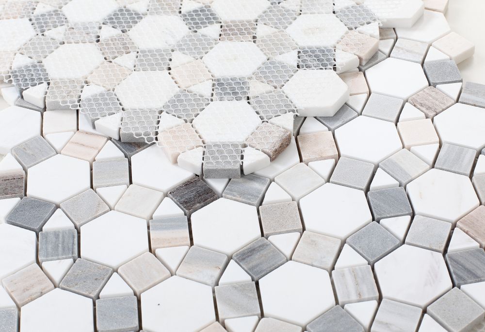 Circle | White Blue & Gray | Mosaic Sheet Tile | Interior Walls Floors Shower & Exterior Walls