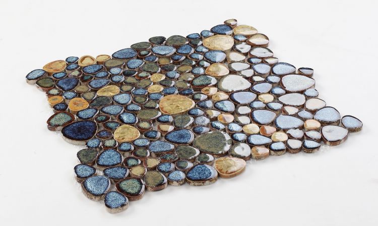 New | Pebble | Blue, Beige & Yellow | Mosaic Sheet Tile | Walls, Interior Floors, Showers, Pools & Pool Liners