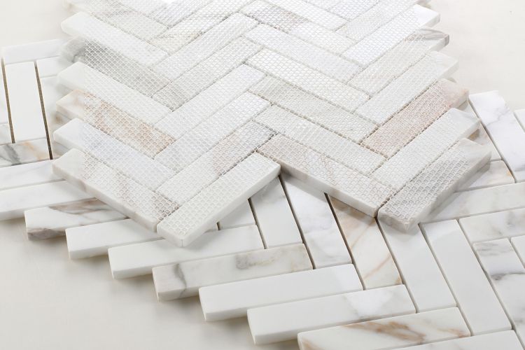 New | Herringbone | White & Gold | Mosaic Sheet Tile | Walls, Interior Floors & Showers