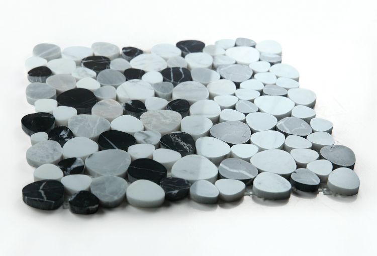New | Pebble | White, Gray, & Black Marble | Mosaic Sheet Tile | Walls, Interior Floors, & Showers
