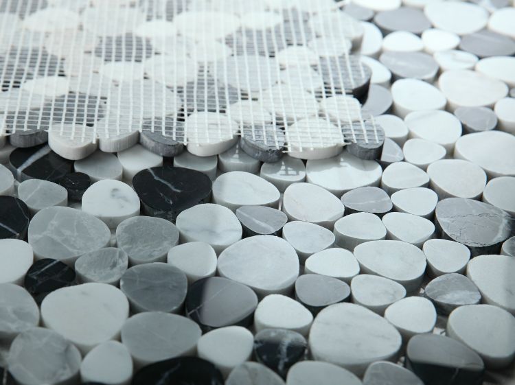New | Pebble | White, Gray, & Black Marble | Mosaic Sheet Tile | Walls, Interior Floors, & Showers