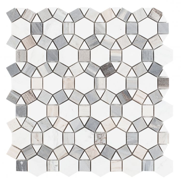Circle | White Blue & Gray | Mosaic Sheet Tile | Interior Walls Floors Shower & Exterior Walls