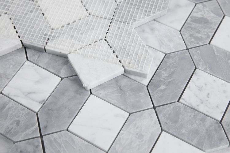 New | Hexagon | Gray & White | Mosaic Sheet Tile | Walls, Interior Floors & Showers