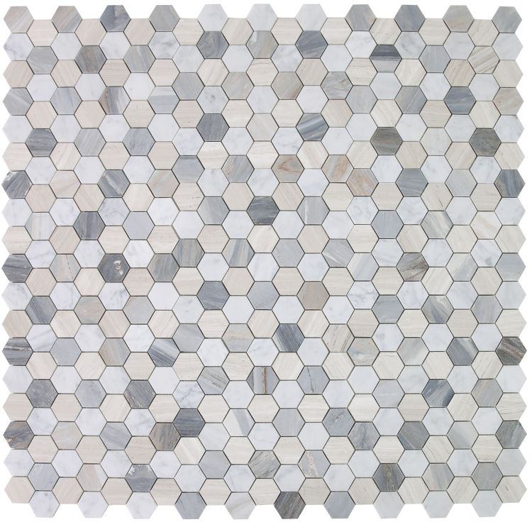 New | Hexagon | Blue, Gray & White | Mosaic Sheet Tile | Walls, Interior Floors & Showers