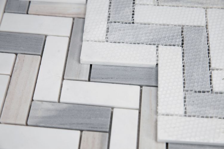 New | Herringbone | Blue, White & Gray | Mosaic Sheet Tile | Walls, Interior Floors & Showers
