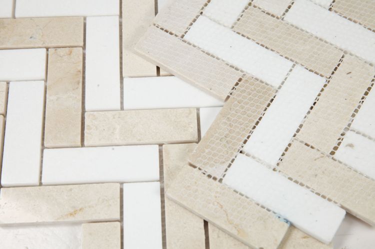 New | Herringbone | Beige & White | Mosaic Sheet Tile | Walls, Interior Floors & Showers