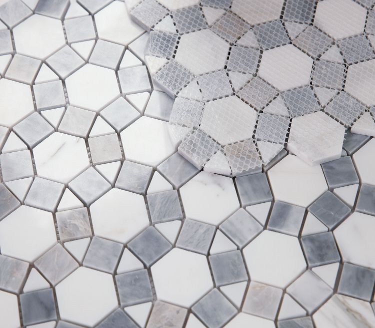 Circular | White, Grey, & Blue | Mosaic Sheet Tile | Walls, Interior Floors, & Showers