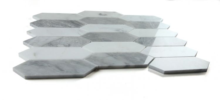 New | Elongated Hexagon | Gray & White | Mosaic Sheet Tile | Walls, Interior Floors & Showers