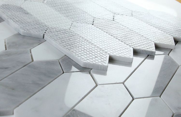 New | Elongated Hexagon | Gray & White | Mosaic Sheet Tile | Walls, Interior Floors & Showers