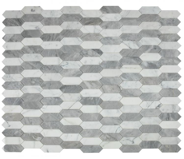 New | Elongated Hexagon | Gray & White | Mosaic Sheet Tile | Walls, Interior Floors & Showers