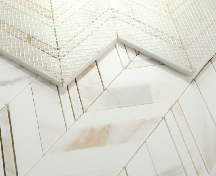 New | Herringbone | White & Gold | Mosaic Sheet Tile | Walls, Interior Floors & Showers