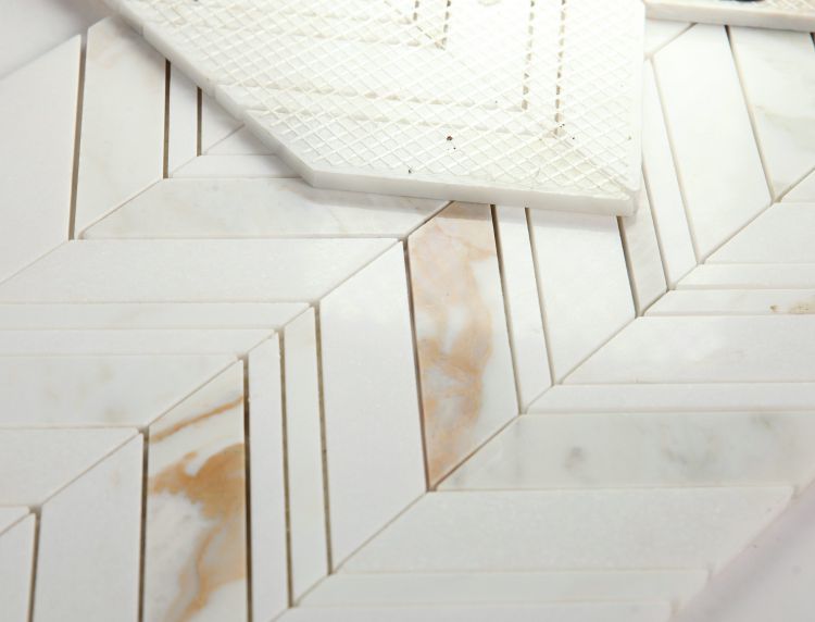 New | Herringbone | White & Gold | Mosaic Sheet Tile | Walls, Interior Floors & Showers