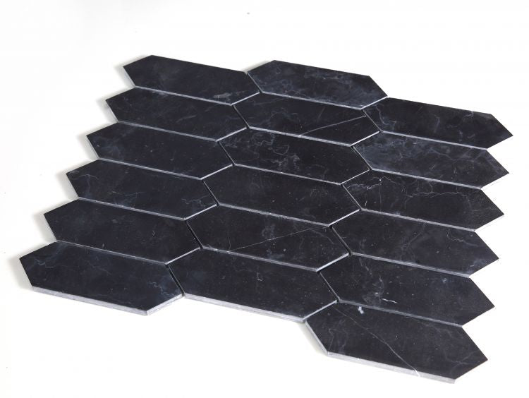 New | Elongated Hexagon | Black | Mosaic Sheet Tile | Walls, Interior Floors & Showers