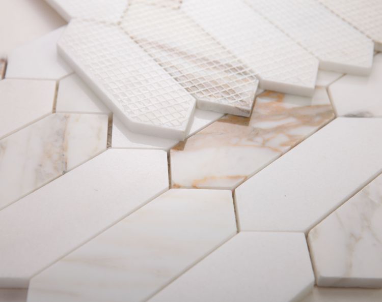 New | Elongated Hexagon | White & Gold | Mosaic Sheet Tile | Walls, Interior Floors & Showers