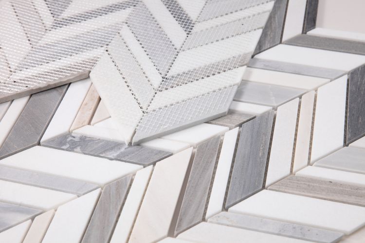 New | Herringbone | Blue, Gray & White | Mosaic Sheet Tile | Walls, Interior Floors & Showers