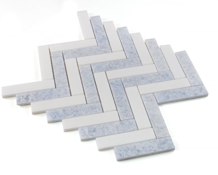 New | Herringbone | Blue & White | Mosaic Sheet Tile | Walls, Interior Floors & Showers