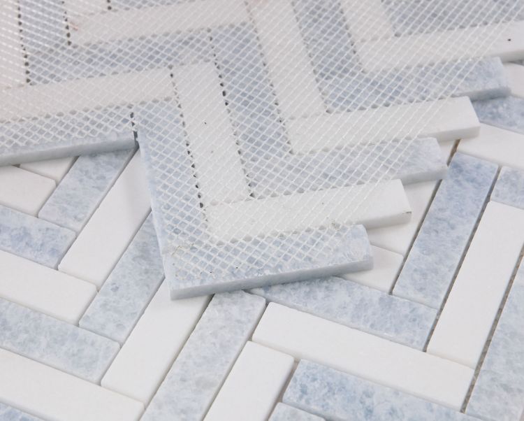 New | Herringbone | Blue & White | Mosaic Sheet Tile | Walls, Interior Floors & Showers