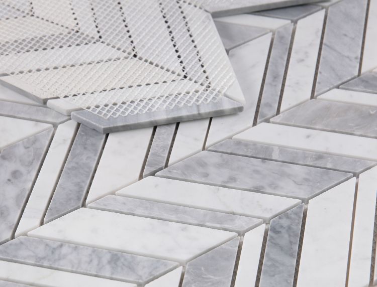 New | Herringbone | Gray & White | Mosaic Sheet Tile | Walls, Interior Floors & Showers
