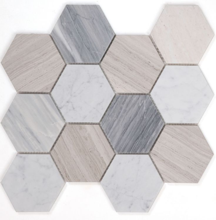 New | Hexagon | Blue, Gray & White | Mosaic Sheet Tile | Walls, Interior Floors & Showers