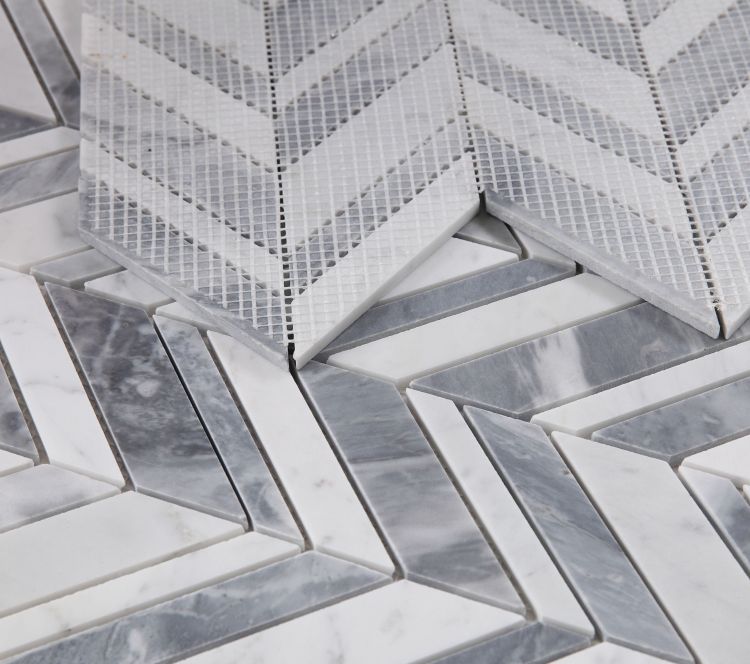 New | Herringbone | White & Gray | Mosaic Sheet Tile | Walls, Interior Floors & Showers