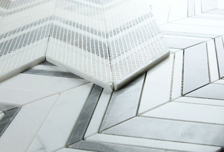 New | Herringbone | White & Gray | Mosaic Sheet Tile | Walls, Interior Floors & Showers