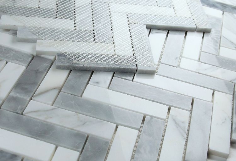 New | Herringbone | Gray | Mosaic Sheet Tile | Walls, Interior Floors & Showers