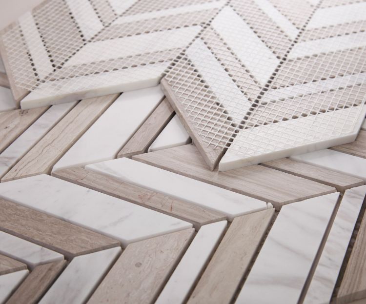 New | Herringbone | White, Gray & Beige | Mosaic Sheet Tile | Walls, Interior Floors & Showers