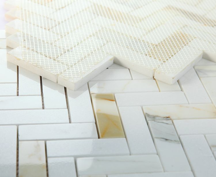New | Herringbone | White & Gold Polished | Mosaic Sheet Tile | Walls, Interior Floors & Showers