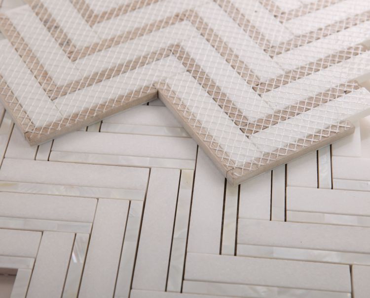 New | Herringbone | White & Tan | Mosaic Sheet Tile | Interior Walls & Shower Walls