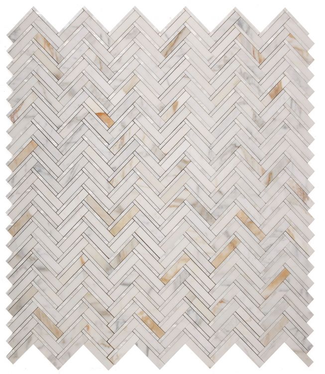 New | Herringbone | White & Gold | Mosaic Sheet Tile | Interior Walls & Shower Walls