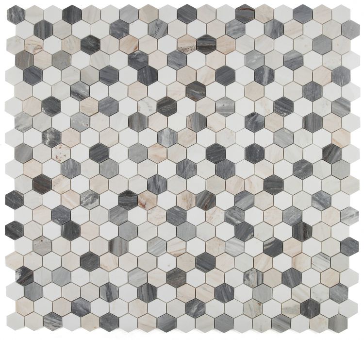 New | Hexagon | Blue, White & Beige | Mosaic Sheet Tile | Walls, Interior Floors & Showers