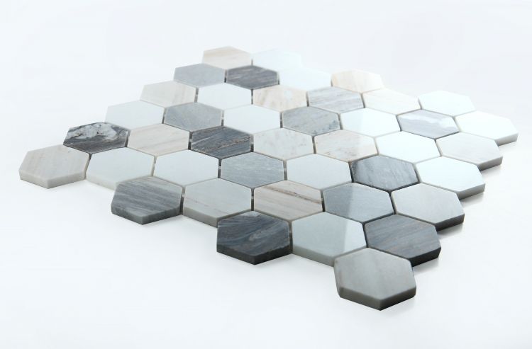 New | Hexagon | Blue, White & Beige | Mosaic Sheet Tile | Walls, Interior Floors & Showers