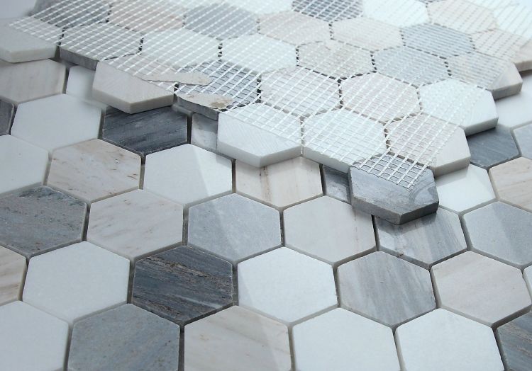 New | Hexagon | Blue, White & Beige | Mosaic Sheet Tile | Walls, Interior Floors & Showers