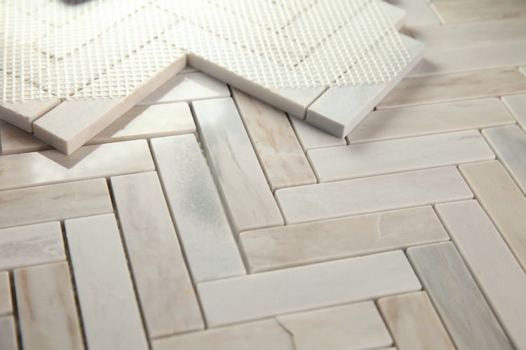 New | Herringbone | Gray & Beige | Mosaic Sheet Tile | Walls, Interior Floors & Showers