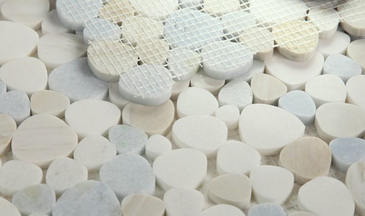 New | Pebble | Blue, White, & Beige | Mosaic Sheet Tile | Walls, Interior Floors, & Showers