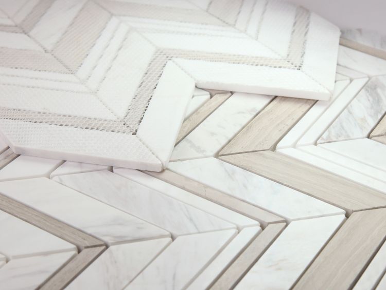 New | Herringbone | White, Gray & Beige | Mosaic Sheet Tile | Walls, Interior Floors & Showers