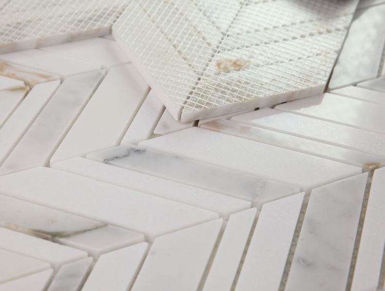 New | Herringbone | White & Gold | Mosaic Sheet Tile | Walls, Interior Floors & Showers