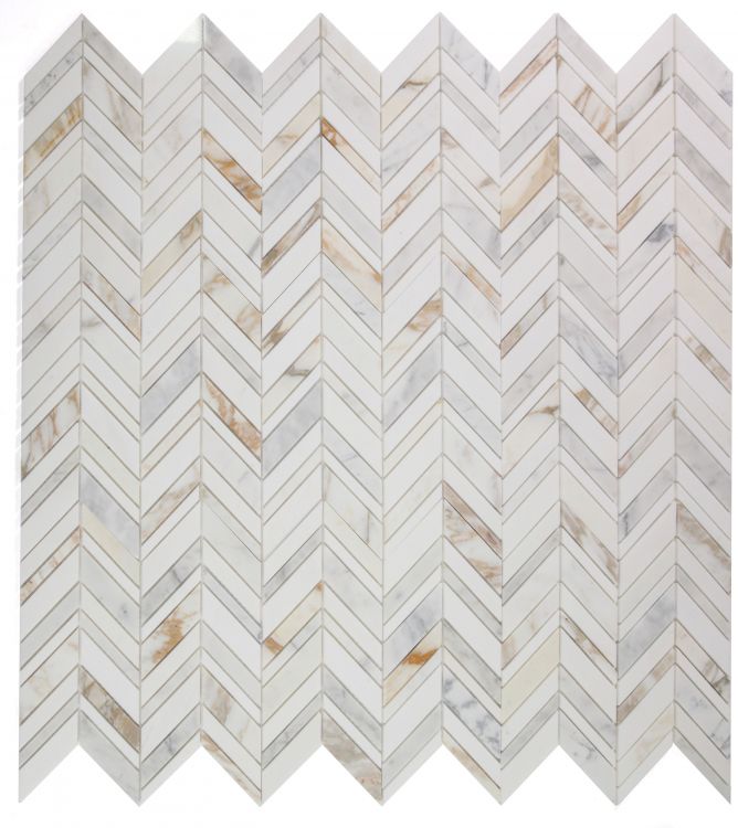 New | Herringbone | White & Gold | Mosaic Sheet Tile | Walls, Interior Floors & Showers