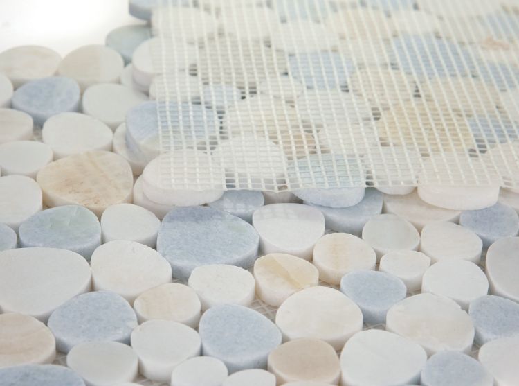 New | Pebble | White, Blue, & Tan | Mosaic Sheet Tile | Walls, Interior Floors, & Showers