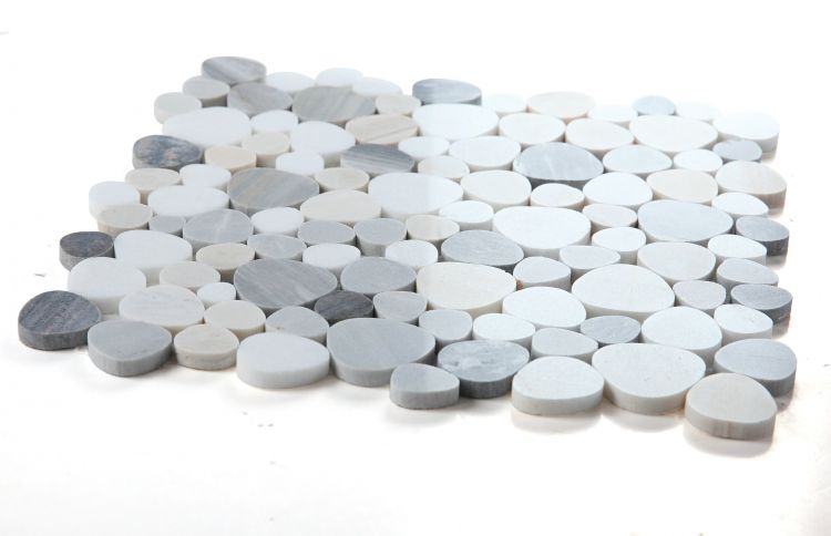 New | Pebble | White, Blue & Tan | Mosaic Sheet Tile | Walls, Interior Floors & Showers