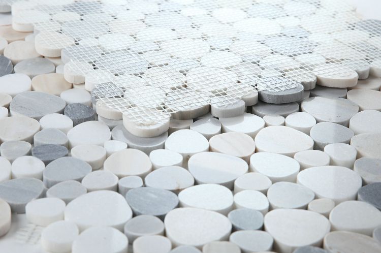New | Pebble | White, Blue & Tan | Mosaic Sheet Tile | Walls, Interior Floors & Showers