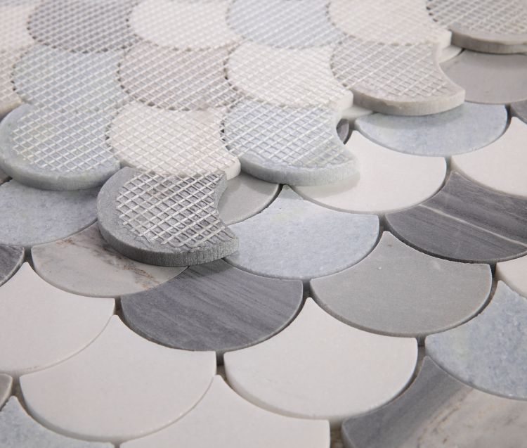 New | Scale | Gray, Blue & White | Mosaic Sheet Tile | Walls, Interior Floors & Showers