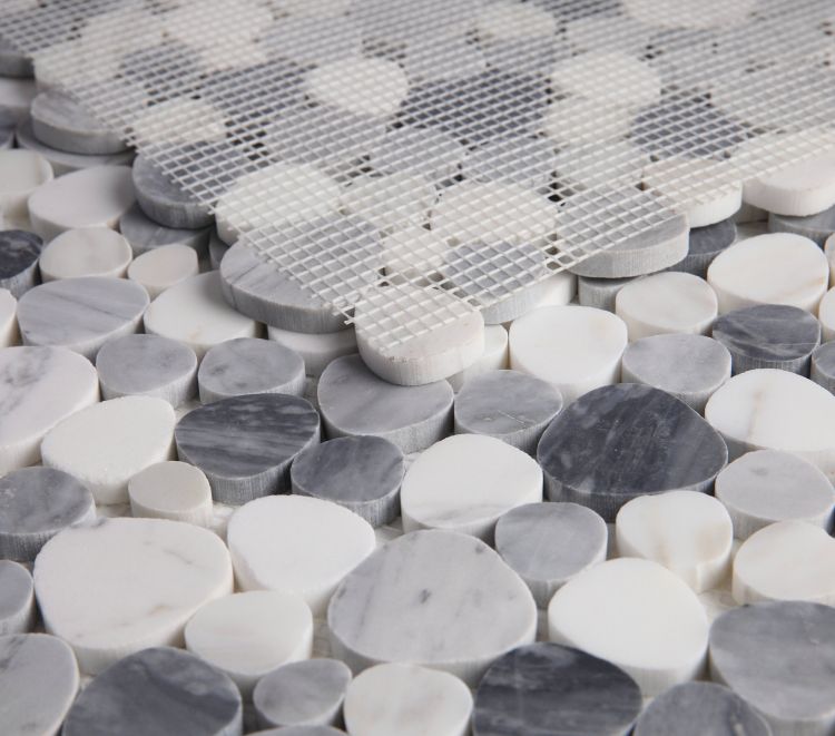 New | Pebble | Gray, White, & Blue | Mosaic Sheet Tile | Walls, Interior Floors, & Showers
