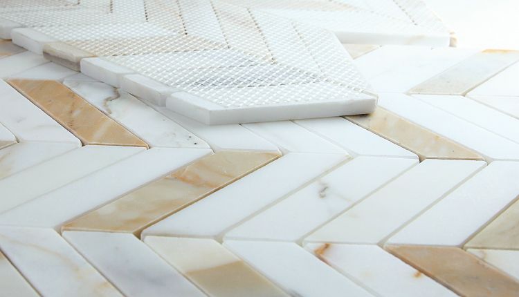 New | Herringbone | White & Gold Honed | Mosaic Sheet Tile | Walls, Interior Floors & Showers