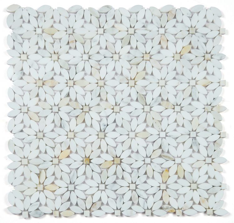 New | Flower | White & Gold | Mosaic Sheet Tile | Walls, Interior Floors & Showers