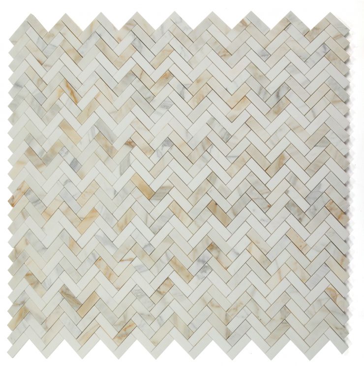 New | Herringbone | White & Gold | Mosaic Sheet Tile | Walls, Interior Floors & Showers