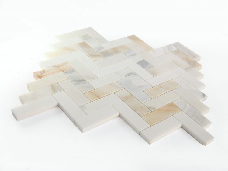 New | Herringbone | White & Gold | Mosaic Sheet Tile | Walls, Interior Floors & Showers