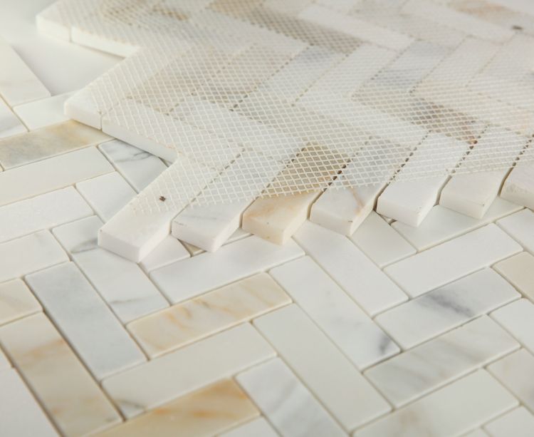 New | Herringbone | White & Gold | Mosaic Sheet Tile | Walls, Interior Floors & Showers