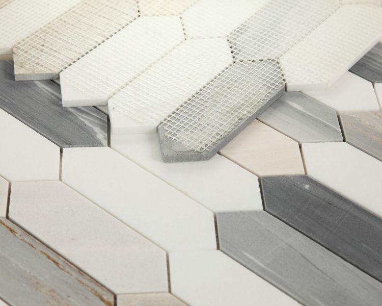 New | Elongated Hexagon | White, Gray & Beige | Mosaic Sheet Tile | Walls, Interior Floors & Showers