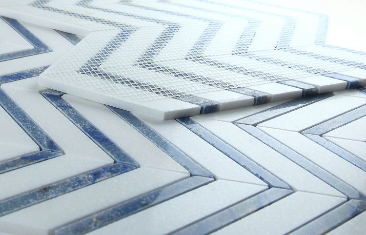 New | Herringbone | Blue & White | Mosaic Sheet Tile | Walls, Interior Floors & Showers